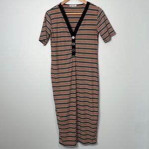 Zara Multi Coloured Striped V-Neck Tshirt Midi Dress Size Large